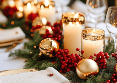 Karácsonyi hangulatú esküvői asztaldekoráció