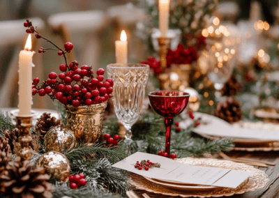 Karácsonyi hangulatú esküvői asztaldekoráció