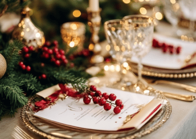 Karácsonyi hangulatú esküvői asztaldekoráció