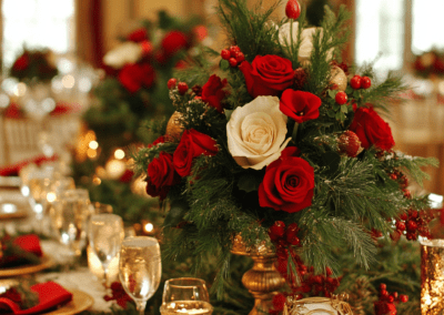 Tradicionális karácsonyi színekben készült dekoráció