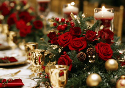 Tradicionális karácsonyi színekben készült dekoráció