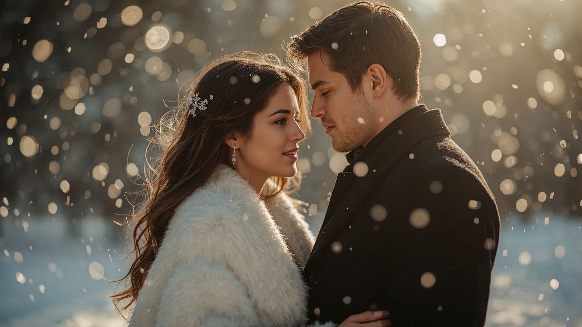 Romantikus pár hóesésben