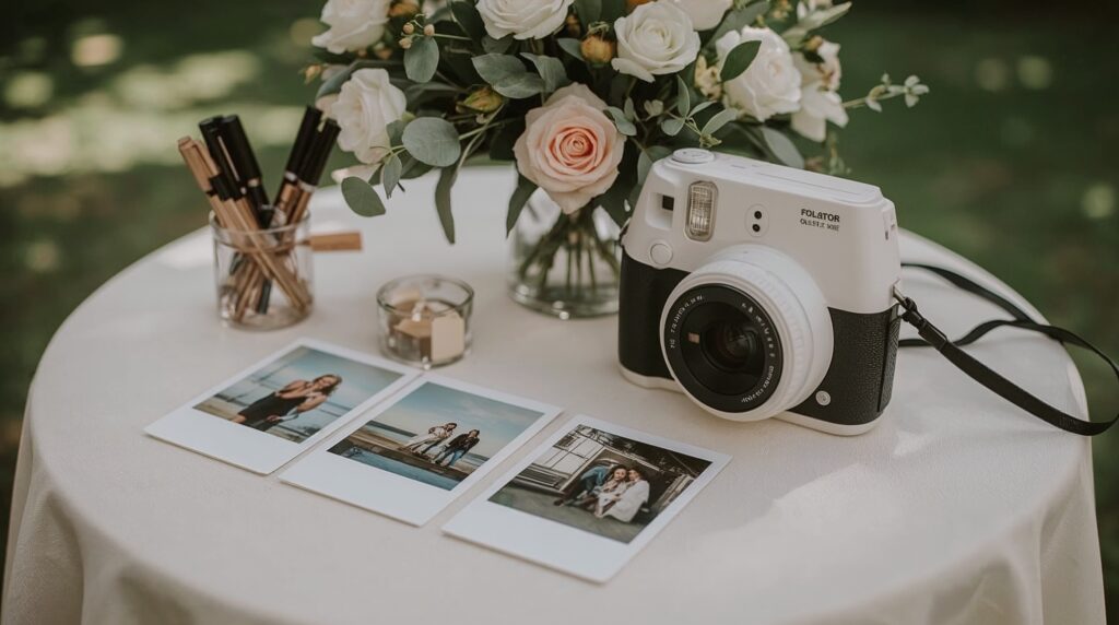Polaroid fotós vendégkönyv-állomás az esküvőn