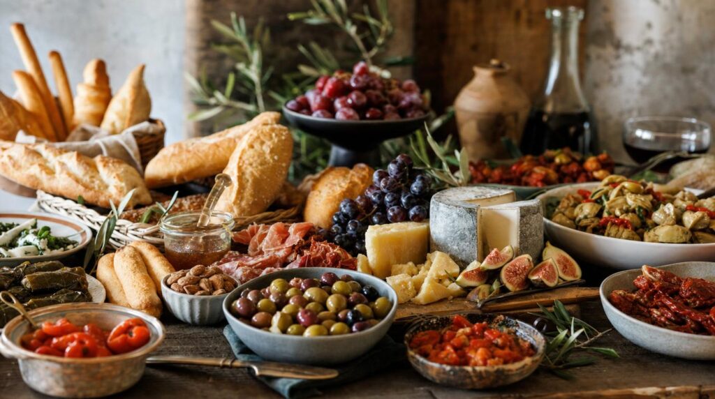 Bőséges mediterrán grazing asztal sajttal, olívával és antipastival – gasztronómia
