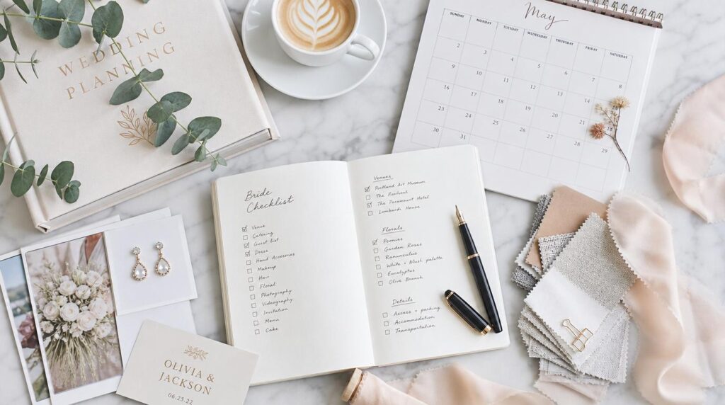 Esküvőszervezés checklist borító – tervezőfüzet, naptár és dekorminták flat lay