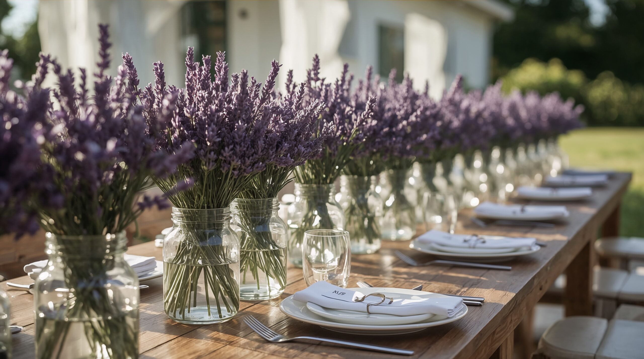 Levendulás vendégasztal üvegcsokrokkal provence hangulatban