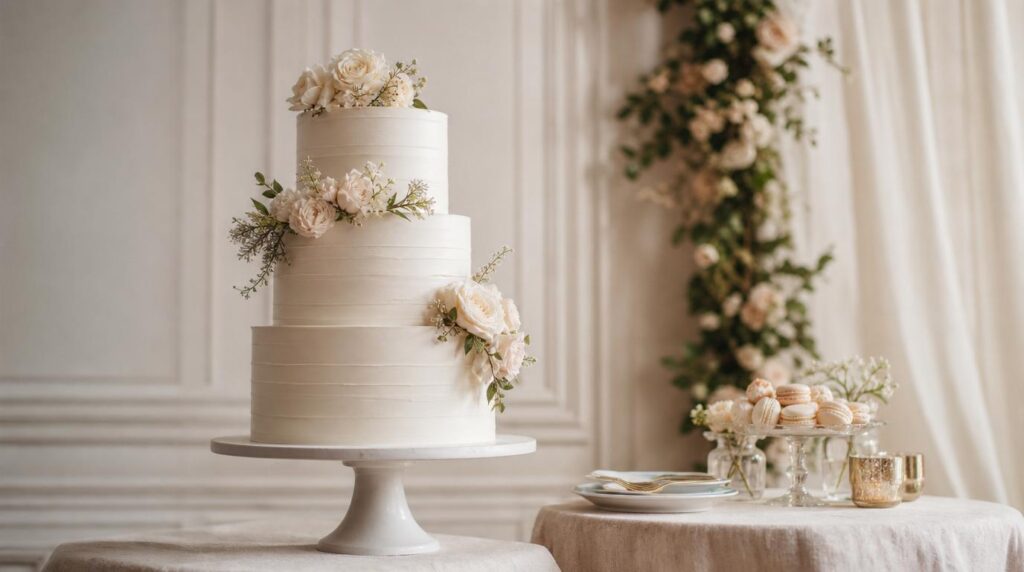 Elegáns esküvői torta és édes asztal