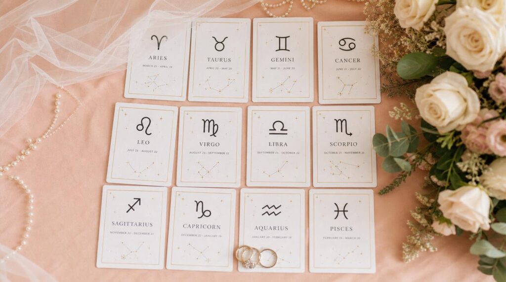 Játékos zodiákus kártyák esküvői kiegészítőkkel – melyik menyasszony vagy