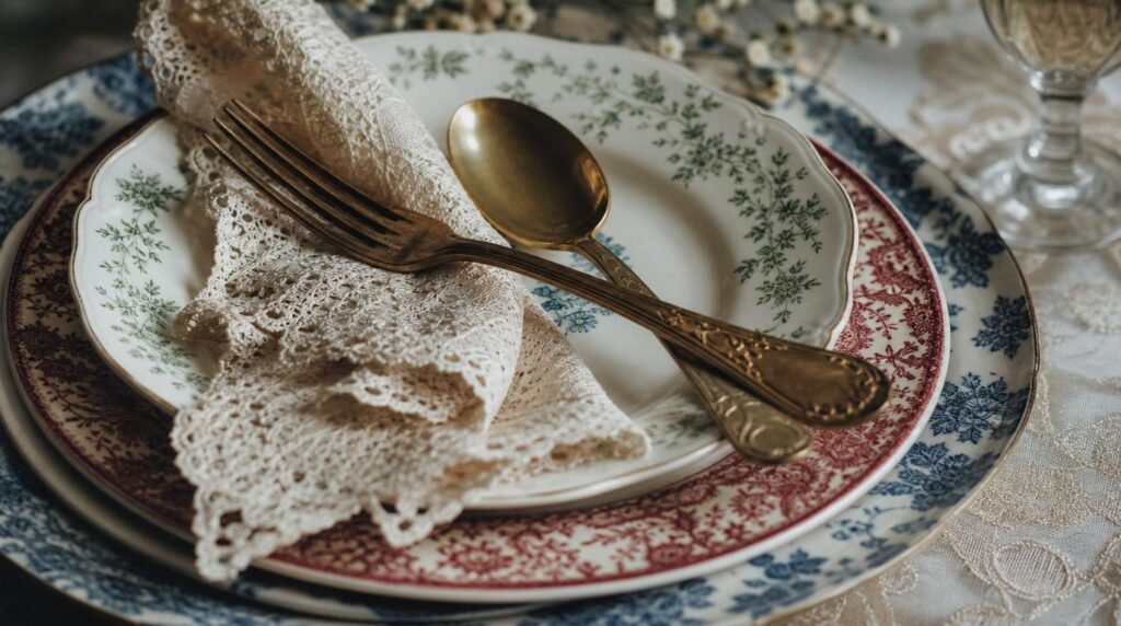 Vegyes vintage porcelán teríték csipke szalvétával