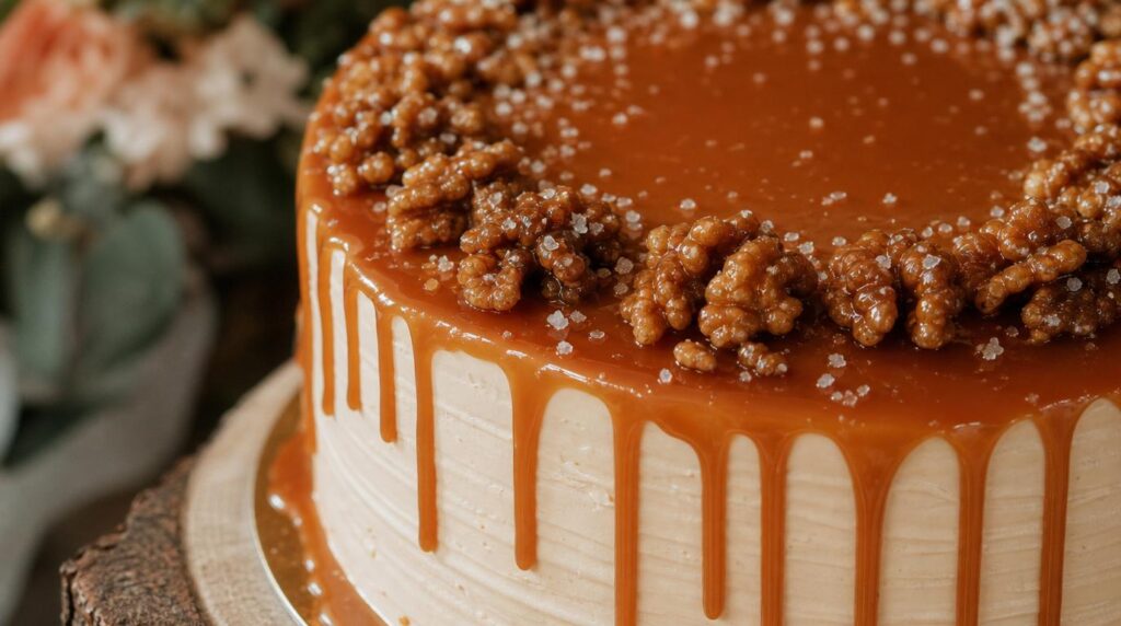 Sós karamellás őszi esküvői torta csorgatott karamellel és dióval