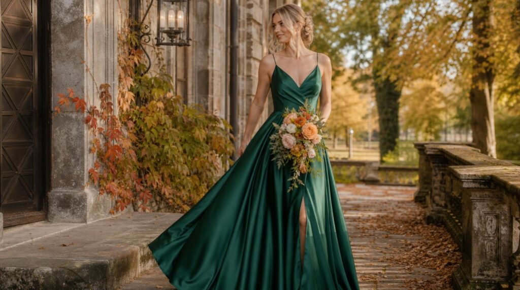 Smaragdzöld ruha egy elegáns őszi esküvőn