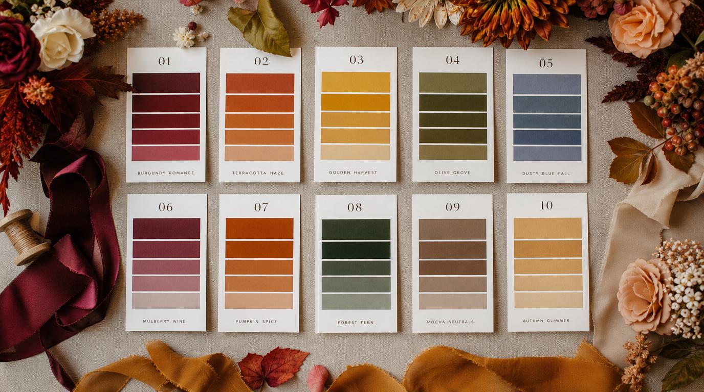 Őszi esküvői színpaletták flat lay: burgundi, terrakotta, mustársárga és arany árnyalatok